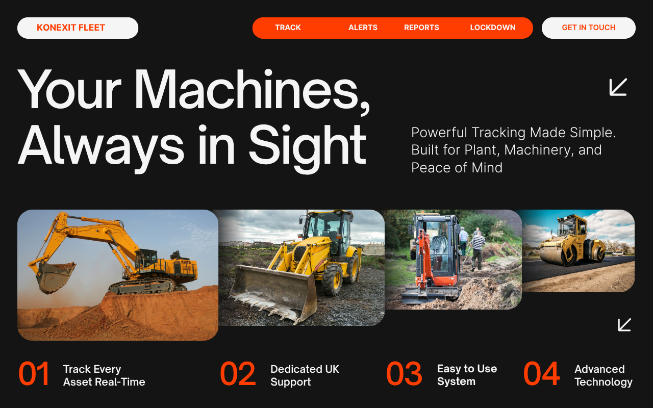 Rugged GPS tracking device on plant machinery showing live tracking data.