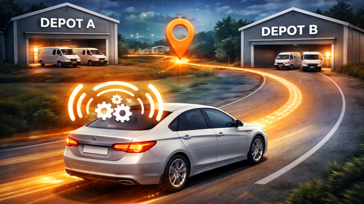 Car moving from one depot to another with automation icon showing smart fleet management