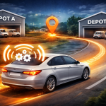 Car moving from one depot to another with automation icon showing smart fleet management