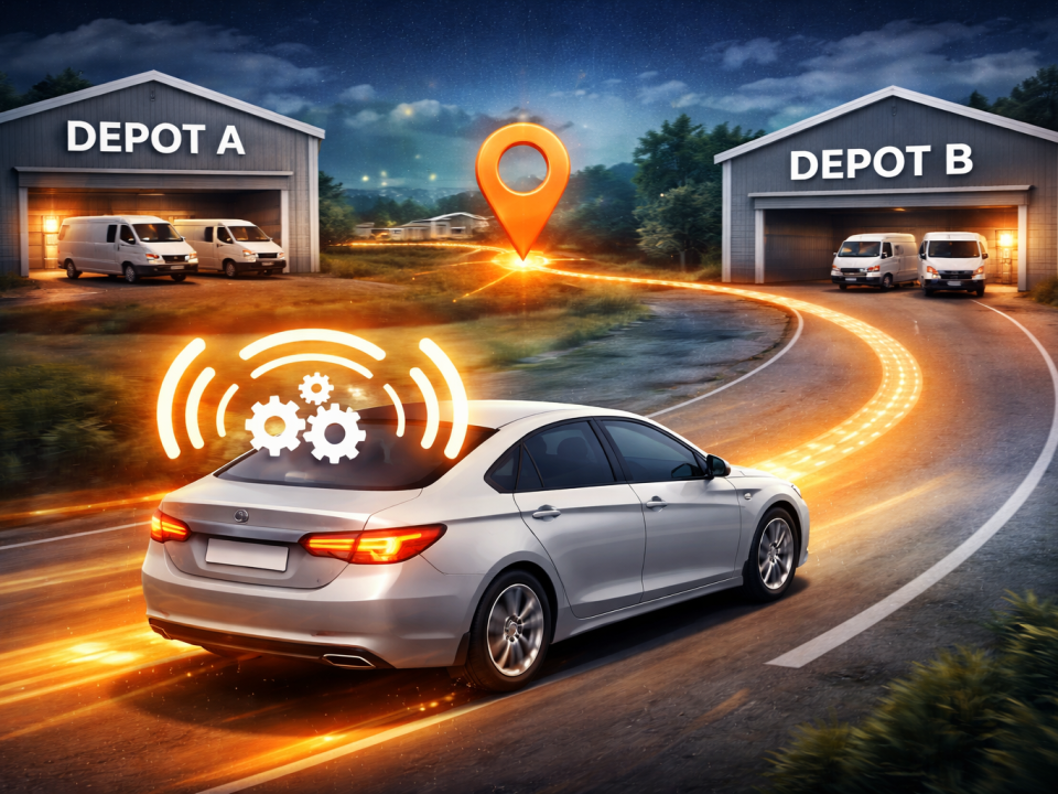 Car moving from one depot to another with automation icon showing smart fleet management