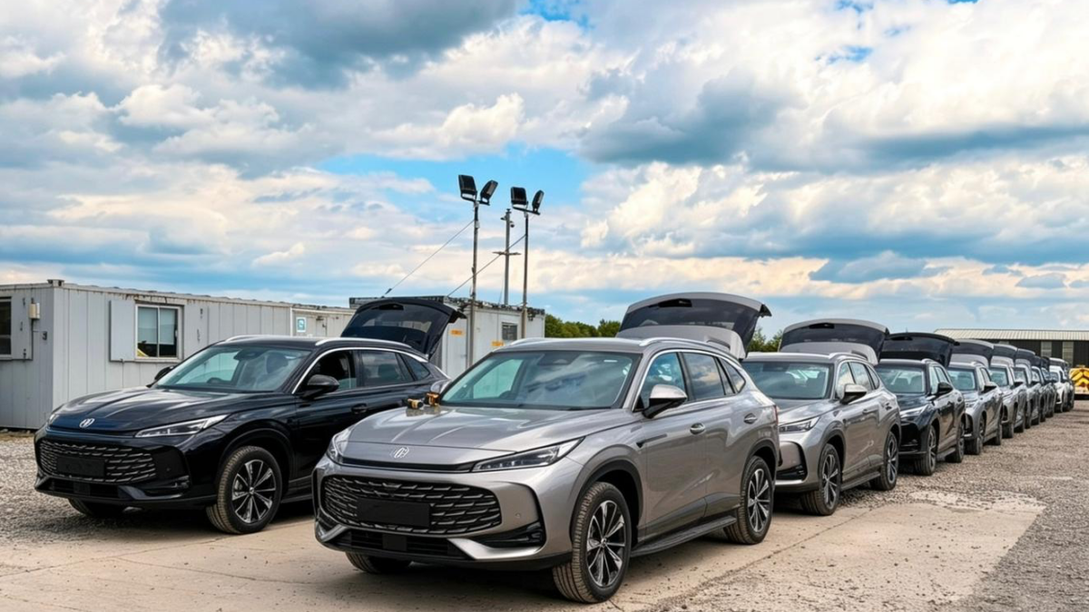 Multiple hybrid MG vehicles awaiting tracking device installation by Konexit Fleet engineers during a large-scale fleet technology deployment in the UK.