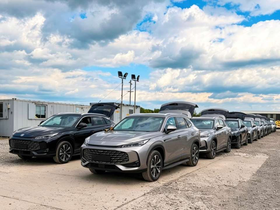 Multiple hybrid MG vehicles awaiting tracking device installation by Konexit Fleet engineers during a large-scale fleet technology deployment in the UK.