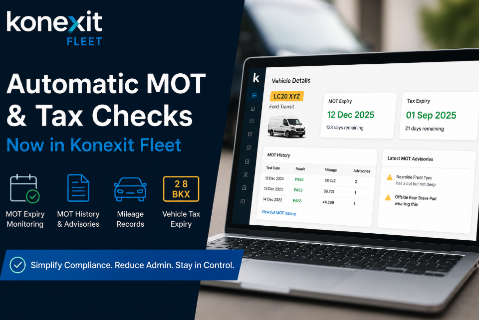 Konexit Fleet dashboard showing automatic MOT expiry monitoring, vehicle tax expiry dates, MOT history, mileage records and compliance information for fleet vehicles.